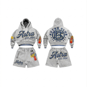 Premium GSM Cotton Fleece Acid Wash Hoodie <b>Short</b> Set Chenille <b>Patch</b> Puff Print Hoodie <b>Short</b> Set <b>men's</b> - Product Image 1