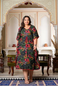 Wholesale Plus Size Cambric Cotton Geometrical Printed <b>Kaftan</b> Kimono Sleeve V Neck Women Multi Color Loungewear - Product Image 4
