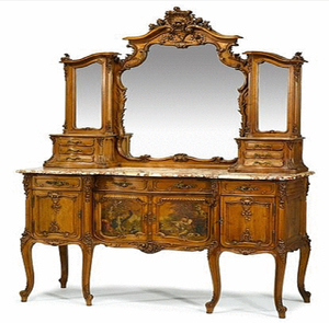 Royal blue carved wooden vanity <b>table</b> with gold detailing and mirror, available at wholesale prices. - Product Image 3