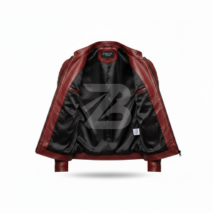 Zarina Wear Men Genuine Leather <b>Jacket</b> <b>Red</b> Biker Motorcycle <b>Jacket</b> Stand Collar Zip Up Matte Black Hardware OEM - Product Image 5