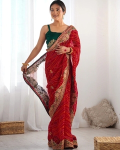 Sari Tradicional KV de Georgette con Bordado y Adornos Estilo Bollywood, para Fiestas, Reversible y Sin Arrugas - Product Image 3