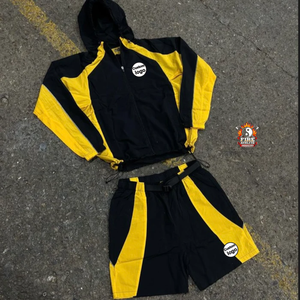 Customs Logo Breathable Tracksuit Outgoing Plain Dyed Heavyweight Hoodies Double Layer Nylon Drop Shoulder Mens Short Sets - Product Image 1