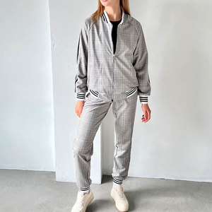 Ensemble de survêtement à carreaux pour femmes, manches longues, fermeture éclair, style décontracté, respirant, polyester et coton, vêtements d'automne - Product Image 2