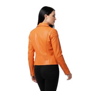 Veste de moto en cuir véritable orange pour femmes, vente en gros personnalisée, quantité en vrac, veste de motard pour femmes, style streetwear quotidien - Product Image 1