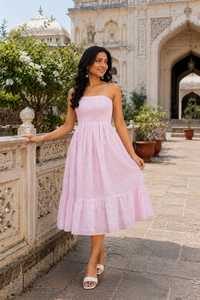 Women Light Pink Strapless Summer <b>Dress</b> Shoulder Smocked Midi Sundress Casual Beach <b>Ruffle</b> Holiday Striped Bohemian 100% Cotton - Product Image 3