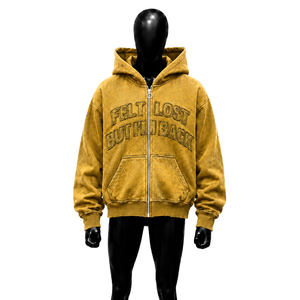 เสื้อฮู้ดซิปสีทองสไตล์วินเทจ ปักลายกราฟิก  "Feel Lost But Im Back" ทรงโอเวอร์ไซส์ สตรีทแวร์ ลุคย้อนยุค ซักฟอกแบบวินเทจ สไตล์ฤดูใบไม้ร่วง - Product Image 1