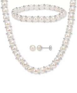3-Pc. Set Cultured Freshwater Pearl (6-7-1/2mm) Beaded Strand Necklace (17"), <b>Stretch</b> <b>Bracelet</b> & Stud Earrings in Sterling Silve - Product Image 1