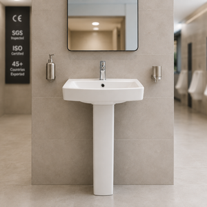 Lavabo sur pied rectangulaire pour salle de bain, monotrou, avec levier, design minimaliste, drain NSF, fixation au sol, finition polie brillante 5 - Product Image 5