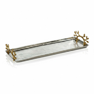 Aluminium <b>Silver</b> Fruit Serving Tray With Gold Branches Handle Dishwasher Safe Customizable for Home Hotel & Restaurant Use - Product Image 6