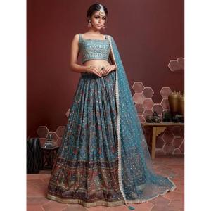 Impresionante azul cielo Chinon seda recepción desgaste Lehenga Choli impreso vestidos de cóctel - Product Image 2