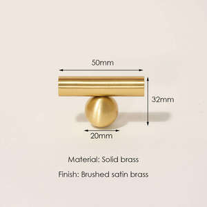 Pomo moderno en forma de T de latón macizo con base de bola, pomo de cajón en oro cepillado para gabinetes de cocina, armarios y herrajes de muebles. - Product Image 3