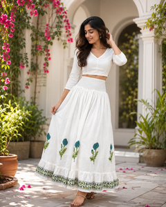 Falda larga de algodón floral verde azulado al por mayor, con cintura fruncida, estilo bohemio casual, estampado a mano, de la India - Product Image 6