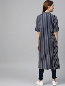 Women's Rayon Stripe Printed Long <b>Shrug</b> Blue Half Sleeves Shirt Collar Open Front Casual Layering Fashion <b>Shrug</b> For Women's - Product Image 3