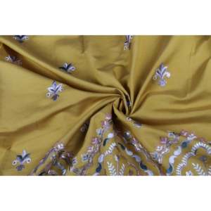 Tissu en satin semi-soie brodé au mètre - 58 pouces de large, jaune moutarde doux avec motif floral pour la confection de robes - Product Image 4