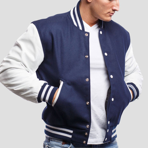 <b>Mens</b> Varsity <b>Jacket</b> Navy Blue and <b>White</b> Custom Letterman Baseball Bomber College <b>Jacket</b> with PU Leather Sleeves OEM Manufacturer - Product Image 5