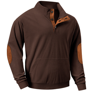 Pull à col zippé noir pour homme avec empiècements marron aux coudes et col boutonné, sweat-shirt tricoté décontracté, coupe classique, idéal pour l'automne - Product Image 6