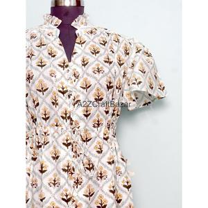 Robe Courte Femme 100% Coton Tricotée Col V Manches Courtes Taille Haute Coupe Évasée Imprimé Floral Numérique Lavable Respirante Idéale Bureau - Product Image 3