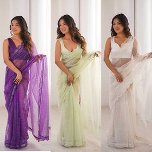 Sari de soirée en filet doux de créateur, broderie lourde de fils et de sequins, 5,5 mètres, en filet doux, protection solaire, réversible, toutes saisons - Product Image 2