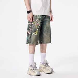 Shorts en jean déchiré pour homme, coupe droite, taille mi-haute, broderies, fermetures éclair, style streetwear, été, tissu en coton tissé, lavable - Product Image 3