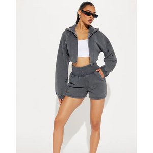 Custom Plus Size Women's Acid Wash Crop Zip Hoodie Sweat Shorts <b>Set</b> 360GSM Heavyweight Polyester/Cotton Regular Summer Casual - Product Image 5