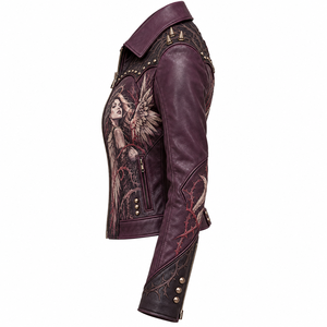 Deep Purple <b>Women</b> Genuine Leather Biker Jacket Custom Thorn Angel Graphic Printed Western Yoke Spiked Outerwear Supplier - Product Image 4