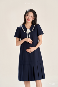 Robe trapèze à manches courtes B2 MUM V1535 pour femmes enceintes avec nœud détachable en tissu imperméable et taille élastique ajustable sur le côté - Product Image 3
