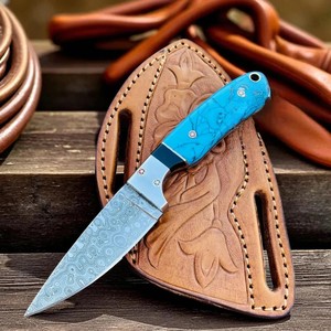Couteau de chasse artisanal en acier Damas avec manche en pierre turquoise, lame pleine longueur, couteau à dépecer, couteau utilitaire pour le camping et les activités de plein air - Product Image 1