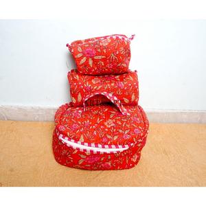 Red beautiful 3-Piece Large Capacity Hand Block Printed Cotton Vanity Set Zipper Washable Bag Durable Reusable Travel for Bags - Product Image 3