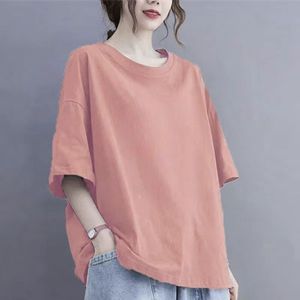 T-shirt ample à manches courtes pour femme, couleur unie, épaules tombantes, col rond, 100% coton tricoté, respirant, toutes saisons - Product Image 6