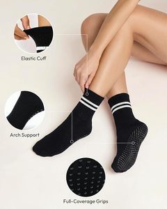 4 Pairs Pilates Grippy Socks for Women, <b>Long</b> Non <b>Slip</b> Yoga Socks with Grips Crew Socks for Pilates Barre Hospital - Product Image 4