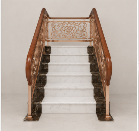 Luxury Rose Gold Stair Railing with Ornate Floral Design Wooden <b>Handrail</b> and Marble <b>Steps</b> for Modern Home Interior - Product Image 3
