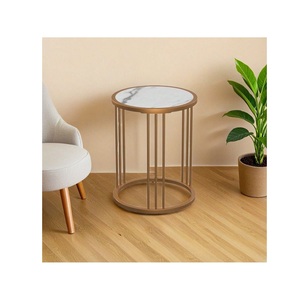 Luxury Brushed Brass Nesting Look Accent <b>Table</b> Round Coffee <b>Table</b> with <b>White</b> Calacatta <b>Marble</b> Top and Geometric Vertical Slat - Product Image 2