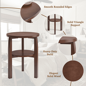 Table d'appoint ronde en bois de caoutchouc massif avec étagère de rangement à 2 niveaux, petite table de chevet pour salon et chambre à coucher - Product Image 3