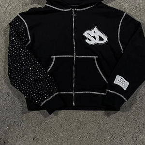 Sudadera con capucha negra para hombre con cremallera, logo de diamantes de imitación, estilo urbano de felpa francesa, corte oversize, para otoño - Product Image 1