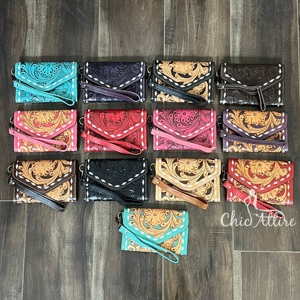 Hot Selling Handcrafted Tooled Leather Vintage Style Fold Closure <b>Wristlet</b> Clutch Genuine Leather RFID Cash Card Holder Wallets - Product Image 1