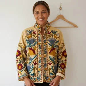 Floral Embroidered Sequin Knitted Eco-friendly Cotton Jacket Double Breasted <b>Zipper</b> Closure Stand Collar Full Sleeve 240g Quick - Product Image 3