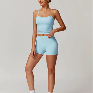 Nuevo conjunto de yoga de moda en color sólido para mujer, diseño personalizado impreso, conjunto de yoga de dos piezas, sujetador deportivo y pantalones cortos. - Product Image 6