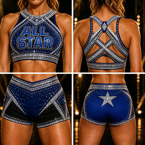 Ensemble d'uniformes de cheerleading All Star, haut court bleu avec strass, shorts, kit de danse pour femmes adultes - Product Image 6