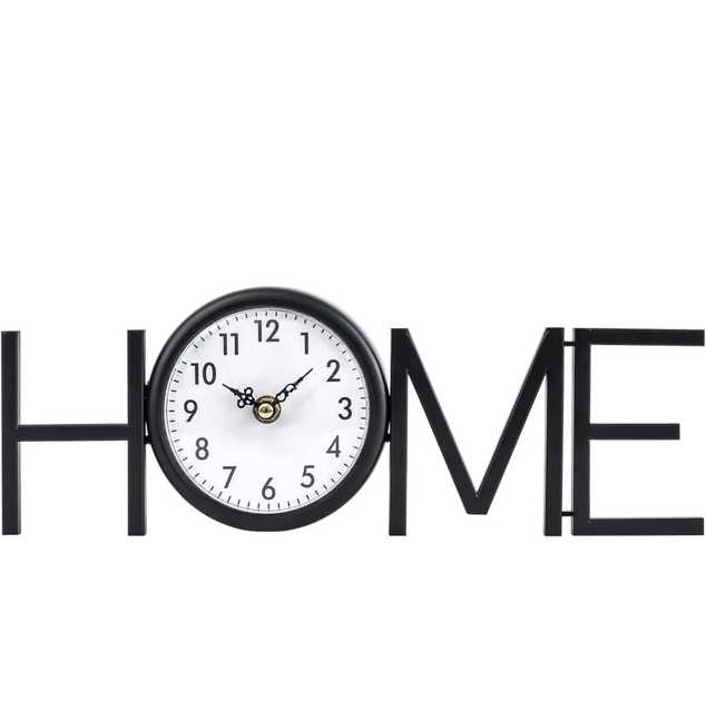 Modern Black Metal Wall Clock Integrated HOME Letters White Face Black Numbers Ornate Hands Minimalist Contemporary Artistic Tim