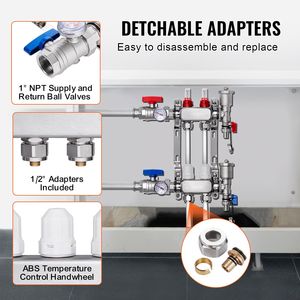 Collettore a 2 Vie per Tubi PEX da 1/2 Pollice in Acciaio Inox per Riscaldamento Radiante a Pavimento Idronico, Componente per Sistemi HVAC - Product Image 3