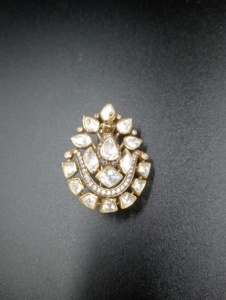 Oval Shape Silver <b>Gold</b> Plated Brooch with Moissanite & Polki Stones for Unisex Party Wear Accessories - Product Image 5