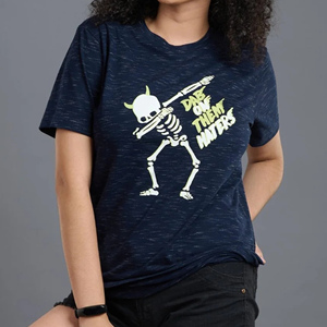 Women's <b>Navy</b> Blue Skeleton Printed Crew Neck Short Sleeve T-Shirt Casual Regular Fit 100% Cotton Jersey Breathable Eco-Friendly - Product Image 1