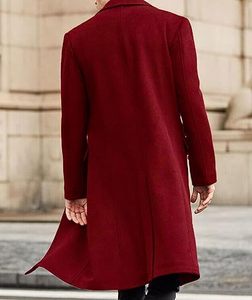 Manteau long élégant pour homme en mélange de laine, rouge uni, col à revers, manches longues, vêtement d'extérieur d'hiver, chaud et confortable, ouvert sur le devant - Product Image 4