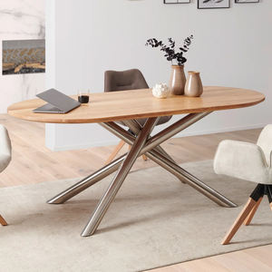 Table de salle à manger pliable et durable de style industriel avec base en acier inoxydable et plateau ovale en bois d'acacia à finition naturelle - Product Image 1