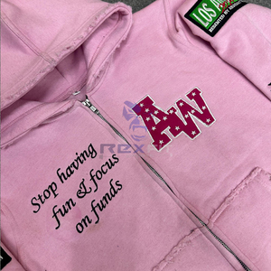 Prefect Cutting Sport Edition Zipper Distressed Hoodie Rhinestone Zip up Jacket Acid Wash  Men Fleece Streetwear Hoodie - Product Image 2