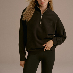 Sweat-shirt oversize zippé pour femme en molleton de coton, col montant, épaules tombantes, qualité supérieure - Product Image 1