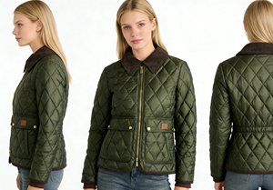 Women's Green <b>Quilted</b> <b>Jacket</b> With Turn-down Collar And Zipper Closure Autumn Wear - Product Image 3