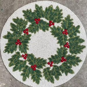 HK EXPORTS Handmade Modern Durable <b>Beaded</b> <b>Coaster</b> Christmas Wreath Holiday Round Drink Embroidery Festive Table Decor - Product Image 1