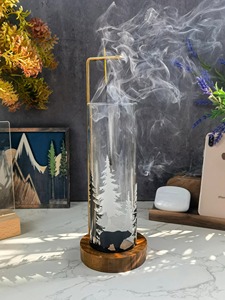 Porte-encens en bois, brûleur d'encens avec cendrier en verre, diffuseur de parfum d'intérieur, méditation, bois massif, brûleur naturel - Product Image 6