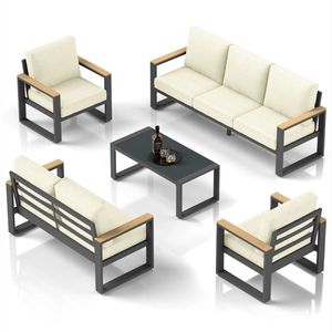 Set di Mobili da Giardino in Alluminio Ultra Resistente a 5 Pezzi, Divano Conversazione a 7 Posti con Cuscini Beige Extra Spessi da 10 Pollici - Product Image 5